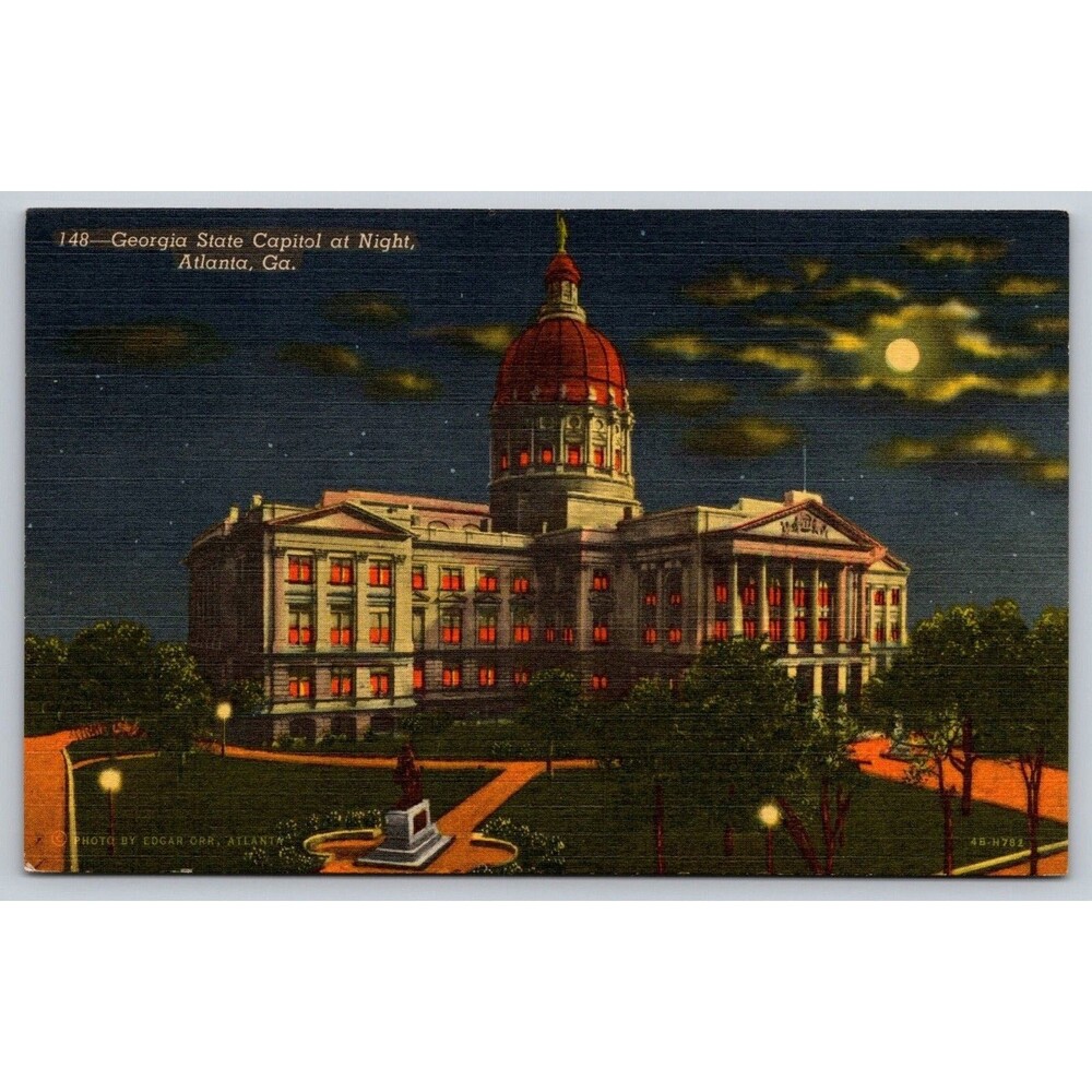 1944 Georgia State Capitol at Night Atlanta GA Linen Postcard Edgar Orr 4B-H782